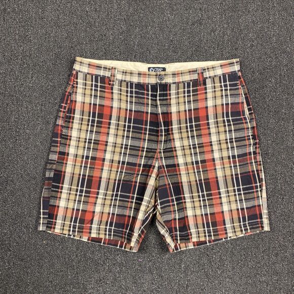 Chaps Shorts Mens Chino Tan Plaid Lightweight Black Red Plaid Preppy Size 38 - Picture 1 of 4